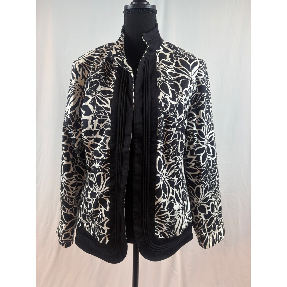 Womens Black White Floral Open Front Jacket Pleated Trim Stand Collar‎ Blazer